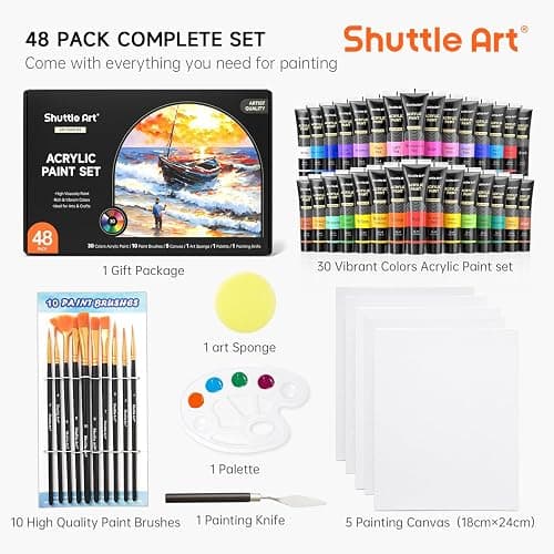 Shuttle Art 48 Pack Acrylic Paint Set, 30 Colors Acrylic Paint (36ml) with 10 Brushes 5 Canvas 1 Paint Knife 1 Palette 1 Sponge, Complete Set for Kids, Adults Painting on Canvas Rocks Wood Ceramic thumbnail 3
