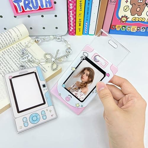 2Pcs Kpop Photocard Holder, 3.5Inch Cute Camera Style Photocard Holder Keychain for Kpop Lovers Girls, Waterproof Cartoon ID Badge Holder for Fan Idol Photo Bus Credit Card with Pearl Bow Bracelet thumbnail 2