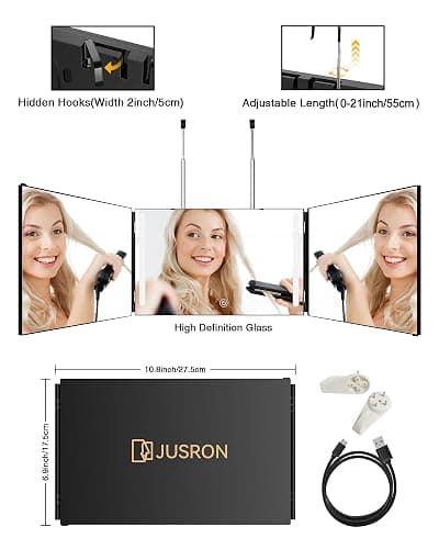 JUSRON 360 Viewing Angle Self Hair Cutting Mirror, Clear Anti-Fog HD Glass, USB Rechargeable, Easy to Use, Height Adjustable, Portable, Good Choice for Gifts thumbnail 4
