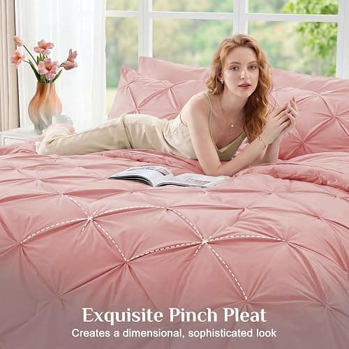 JOLLYVOGUE Queen Comforter Set 7 Pieces - Bed in a Bag Queen for All Season, Pintuck Bedding Comforter Sets with Comforter, Flat Sheet, Fitted Sheet and Pillowcases & Shams, Pink thumbnail 2