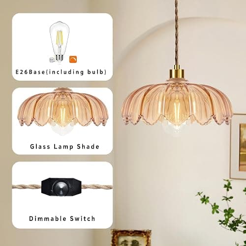 QIYIZM Plug in Pendant Light Hanging Lights with in Cord Mid Century Modern Gold Hanging Lamp Flower Glass Amber Vintage Dimmable Chandelier Ceiling Fixture for Living Room,Kitchen,Boho thumbnail 6