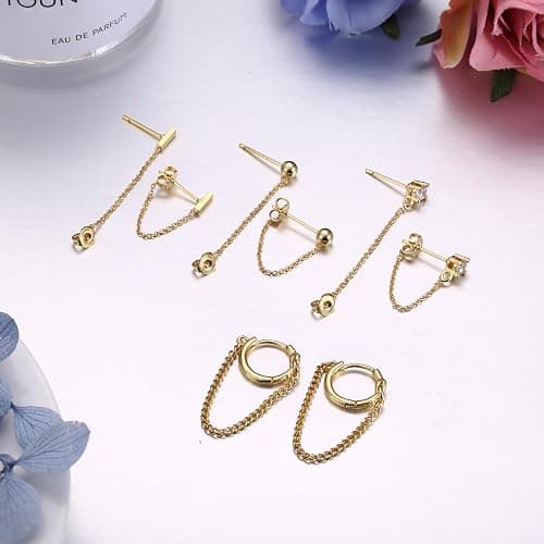 YADOCA 4 Pairs 14K Gold Chain Stud Earrings for Women Hypoallergenic | Stainless Steel CZ Ball Bar Huggie Hoop Earrings Stacks With Dangle Chain Cartilage Helix Earring Sets for Multiple Piercing thumbnail 5