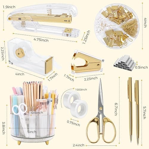SKYDUE Gold Office Supplies Set, Pencil Holder for Desk,Gel Pen, Stapler, Tape Dispenser, Scissors,Clips and 1000pcs Staples, Office Decor for Women, Gold Desk Accessories thumbnail 3