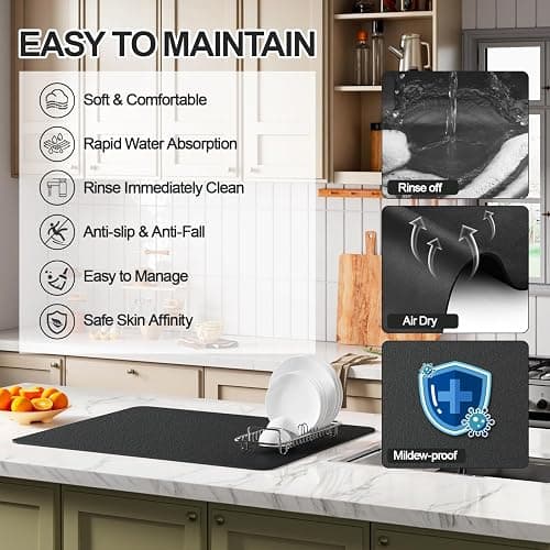 Ecotrim - Dish Drying Mat for Kitchen Counter | Coffee Bar Mat for Countertops | Heat Resistant Drainer Mat with Non-slip Rubber Backed | Hide Stain Kitchen Absorbent Draining Mat | Black 16"x18" thumbnail 3