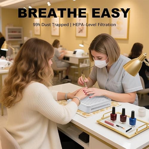 Nail Dust Collector | 1000PA Cordless Nail Dust Collector Nail Tech | 10 Speed Levels | Low Noise & Strong Suction | Reusable Filter, 10 Pads + Nail Dust Brush | for Acrylic Nails, Salon & Home-White thumbnail 2