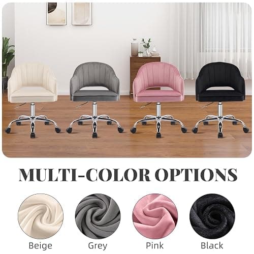 MOJAY Modern Vanity Chair with Wheels, Mid-Back Cutout Velvet Home Office Chair, Swivel Height-Adjustable Soft Seat Cute Desk Chair with Arm Support (Midnight Black) thumbnail 7