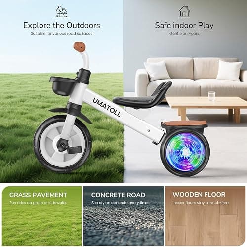 Umatoll Tricycle for Toddlers 2-5 Year Old, Ajustable Toddler Bike Outdoor Toys, Birthday Gift for Boy Girl Age 2-4, Trike with Light up Wheels thumbnail 9