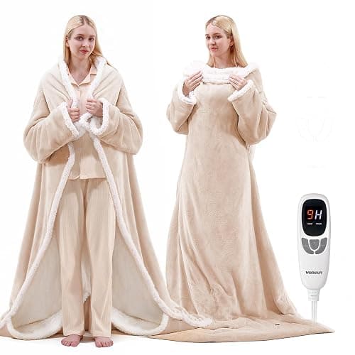 Wearable Heated Blanket with Foot Pocket,Electric Snuggle Throw Blanket with Sleeves,9 Heating Levels & 1-10 Hours Auto Shut Off,50x70 Inch,Beige - Image 1