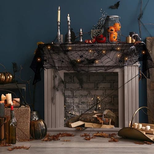 FUN LITTLE TOYS Halloween Decorations Indoor - Mantel with String Lights Lace Spiderweb Decor Inside for Home Party Supplies (18 x 96 inch) thumbnail 4