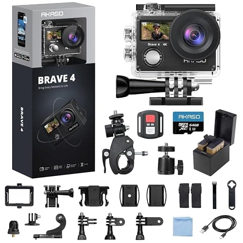 AKASO Brave 4 Action Camera 4K 30fps with 64GB MicroSD Card Bundle | 20MP EIS WiFi 170° FOV 5X Zoom Waterproof Underwater Camera for Snorkel, Travel, Bicycle, Helmet, Motorcycle Accessories Kit - Image 1