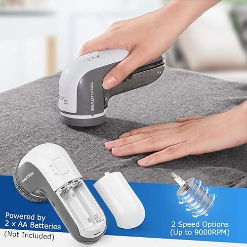 BEAUTURAL Fabric Shaver and Lint Remover, Sweater Defuzzer with 2-Speeds, 2 Replaceable Stainless Steel Blades, Battery Operated, Remove Clothes Fuzz, Lint Balls, Pills, Bobbles Gray thumbnail 5