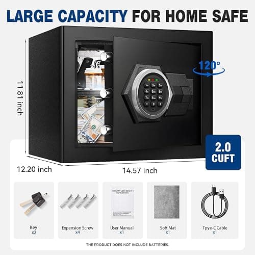 Fdsutvit Fireproof Home Safe Box- Steel Digital Combination Lock Security Box with Type-C Backup & Sensor Light, Key Lock Safety Box for House Office Documents Money Jewelry Handgun - Black 2.0 Cu Ft thumbnail 2