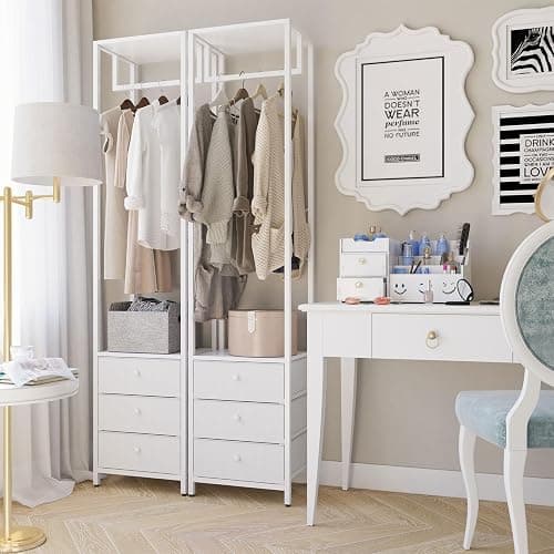 YMYNY Coat Rack with Non-woven Drawer, Freestanding Tall Closet Organizer, Clothes Rack with Rod, Tall Clothes Standing Dresser for Bedroom, Living Room, Entryway, 39×29×179CM White HGR001W thumbnail 8