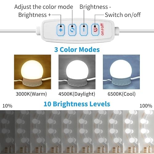 LED Vanity Mirror Lights with 14 Dimmable Bulbs, 3000K 4500K 6500K & 10 Brightness Levels Adjustable, Plug in USB Cable, Hollywood Style Stick On Mirror Lights for Makeup Desk Bathroom Dressing Room thumbnail 2