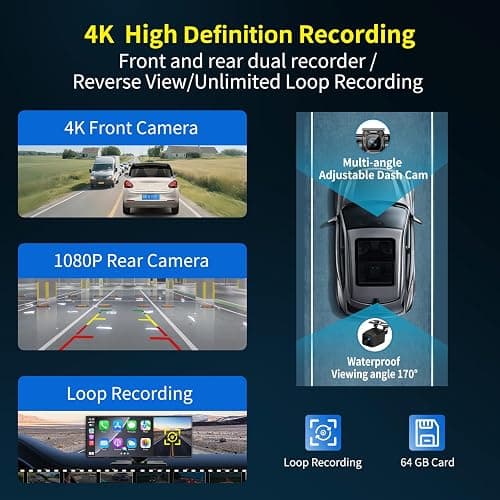 Largest 11.5 inch Wireless CarPlay Screen for Car, A-pple CarPlay & Android Auto HD Touchscreen with 4K Dash Cam/1080P Backup Camera/Navigation/Bluetooth/Voice Control/FM/Mirror Link,for All Vehicles thumbnail 4