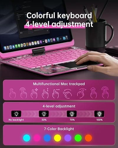 Auupgo Transparent Keyboard Case with Trackpad for iPad 11th Gen A16 (2025) & 10th Gen 10.9" (2022), 7-Color Backlit Wireless Bluetooth Keyboard with 360 Rotating Stand & Pencil Holder, Pink thumbnail 5