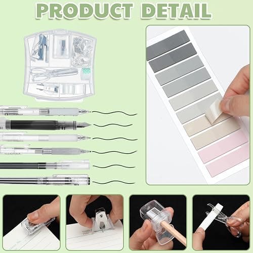 Colarr Mini Office Supply Kit Includes Stapler Tape Dispenser Staple Remover Paper Clips Scissor Staples Pen Sharpener Note Small Telescopic Knife for Office and School Clerk Student (Clear) - Clear thumbnail 4