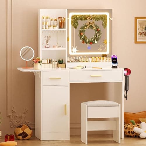 ERLEJIA Vanity Desk with Mirror and Lights & Extral Foldable Desk, 31.5" & 39.3" Makeup Vanity Table with 4 Drawers and 3 Open Shelves, Dressing Table for Bedroom, White thumbnail 6