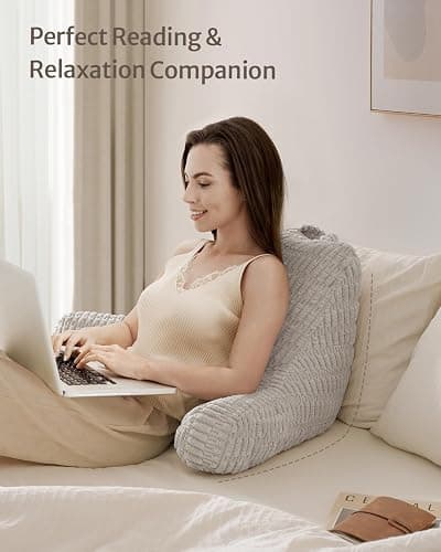 Blissful Diary Reading Pillow, Backrest Pillow with Shredded Memory Foam for Adult & Children, Designed for Bed and Couch Sitting Up, Includes Arms, Pockets and Washable Cover, Light Gray thumbnail 5