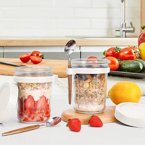 PFUM Overnight Oats Jars with Spoon and Lid 16 oz [2 Pack], Airtight Oatmeal Container with Measurement Marks, Mason Jars with Lid for Cereal On The Go Container (2pcs white) thumbnail 4