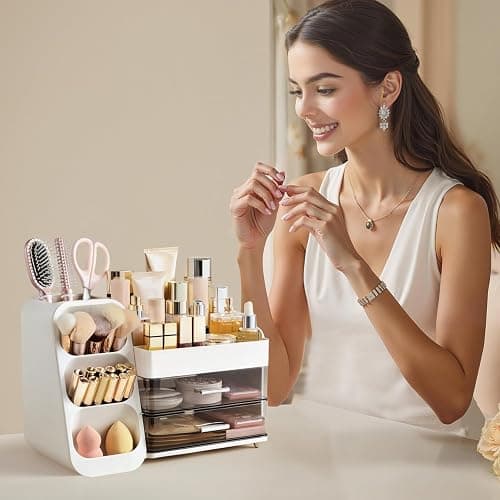 HBlife Makeup Organizer with Brush Holder for Vanity, Large Plastic Bathroom Countertop Organizer Skin Care Storage, Easy to Store Lipsticks, Nail Polishes, Perfumes, Eyeshadow Palettes, White thumbnail 6