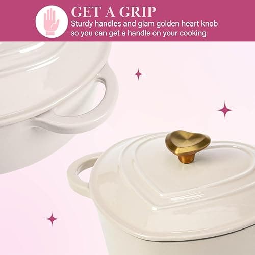 Paris Hilton Enameled Cast Iron Dutch Oven Heart-Shaped Pot with Lid, Dual Handles, Works on All Stovetops, Oven Safe to 500°F, 2-Quart, Cream thumbnail 6