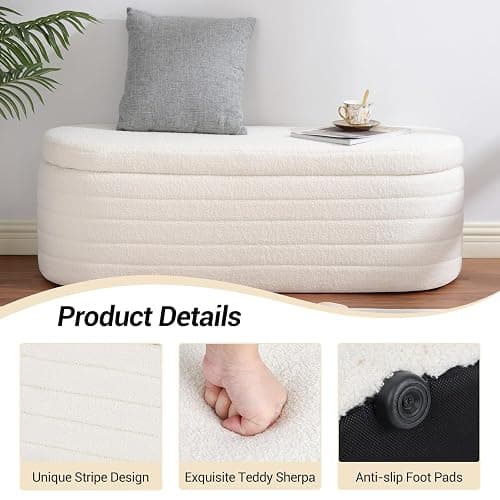 Dolift 45.5-inch Modern Teddy Sherpa Storage Ottoman Bench, Upholstered Fabric Bench for Bedroom End of Bed, Oval White Boucle Storage Ottoman for Living Room, Entryway, Small Apartment thumbnail 9