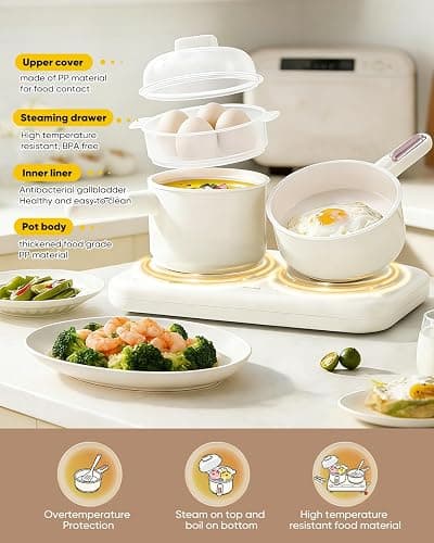 Cooking Sets Real Electric Dual Stove - Montessori Cooking Set with Mini Kitchen Tools, Safe Utensils, Apron & Cookware -Great for Pretend Play Montessori Learning (Beige) thumbnail 3