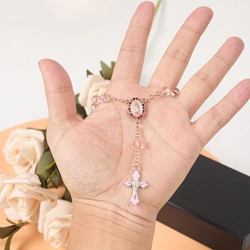 Car Rosary for Rearview Mirror Hanging - Pink Catholic Religious Devout Gift with Virgin Mary Charm and Crucifix, Ideal for Men & Women thumbnail 5