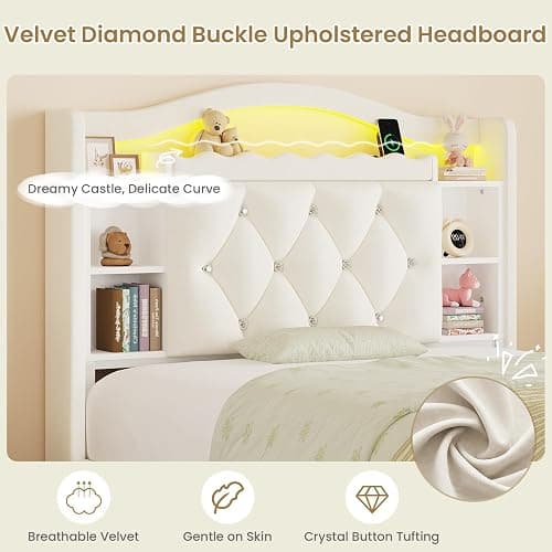 DICTAC Twin Size Bed Frame for Kids with Storage Drawers, Bookcase Headboard, LED Lights and Power Outlets, Diamond Tufted Velvet Upholstered Princess Platform Bed, Heavy-Duty Metal Support, Beige thumbnail 4