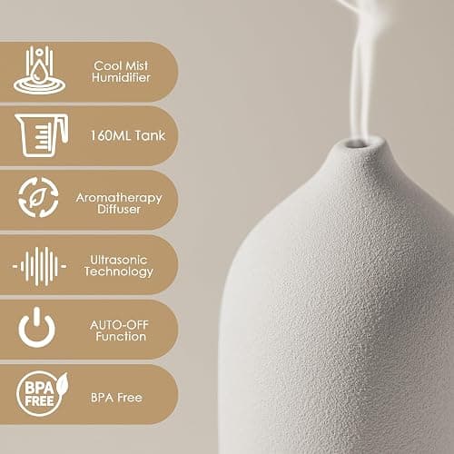 Diffuserlove Ceramic Diffuser 160ML Essential Oil Diffusers for Home Room Air Humidifier Cool Mist Electric Diffuser for Bedroom White(Size:6.8"H x 3.6"W) thumbnail 3