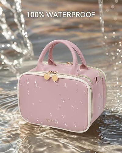 Prite Makeup Bag for Women, Large Capacity Waterproof Travel Cosmetic Organizer, Portable Open Flat Toiletry Bag with Free-Standing Brush Holder and Handle(Pink Medium) thumbnail 7