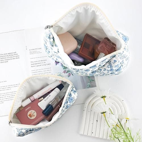 2Pcs Quilted Cotton Makeup Bag Large Travel Makeup Pouch Small Brush Holder Set for Women Floral Coquette Makeup Bag Cute Aesthetic Cosmetic Bag Blue Toiletry Organizer Storage Bag Big Zipper Pouch thumbnail 5