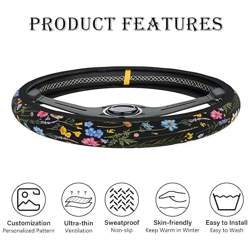 Wildflower Car Steering Wheel Cover, Flower Car Accessory for Diverse Cars, Cute Floral Print Steering Wheel Cover Protector for Women, for Steering Wheel with a Diameter of 14.5"-15" (Wildflower) thumbnail 5