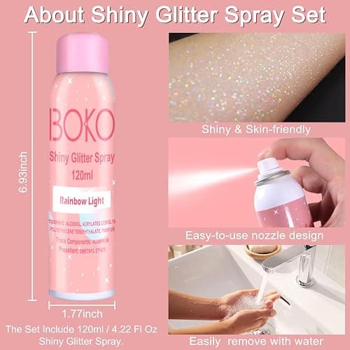 Boko Body Glitter Spray, 120ML Holographic Silver Shiny Glitter Spray for Body Hair Clothes, Quick-Drying and Long-Lasting Body Shiny Glitter Hairspray for Festival Party Concert Rave Accessories thumbnail 4