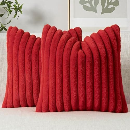 MIULEE Christmas Faux Fur Decorative Throw Pillow Covers 18x18 Set of 2 Red | Modern Soft Plush Couch Pillows, Cozy Fluffy Cushion Covers for Sofa Bed Living Room Home Decor - Image 1