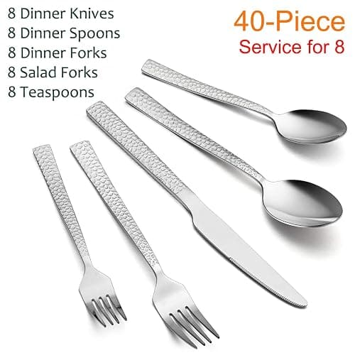 E-far Hammered Silverware Set, 40-Piece Stainless Steel Square Flatware Set for 8, Metal Tableware Cutlery Set Includes Dinner Knives/Forks/Spoons, Modern Design & Mirror Polished - Dishwasher Safe thumbnail 3