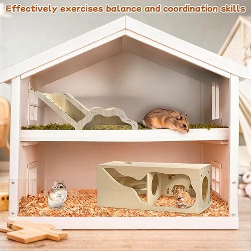 Hamster Hideout & Tunnel Set, 2Pcs Wooden House with Climbing Ladder, Exploration Tubes & Observation Shed for Syrian Hamsters, Dwarf Hamsters, Mice, Gerbils, Rats, and Other Small Animals thumbnail 6