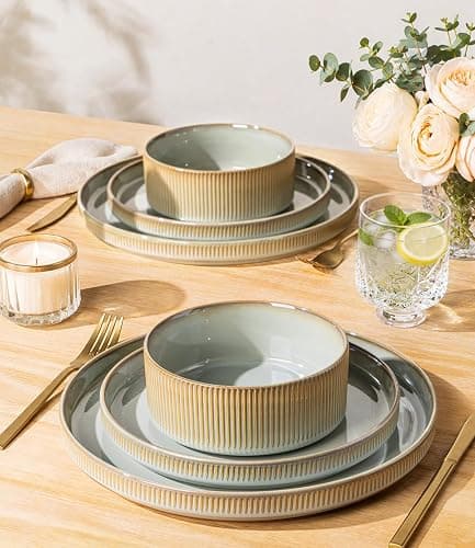 LERATIO Dinnerware sets for 4,12 Piece Stoneware Plates and Bowls sets | Handmade Reactive Glaze Dish Set,Lightweight & Scratch Resistant,Oven & Microwave & Dishwasher Safe-Pale Sage thumbnail 6