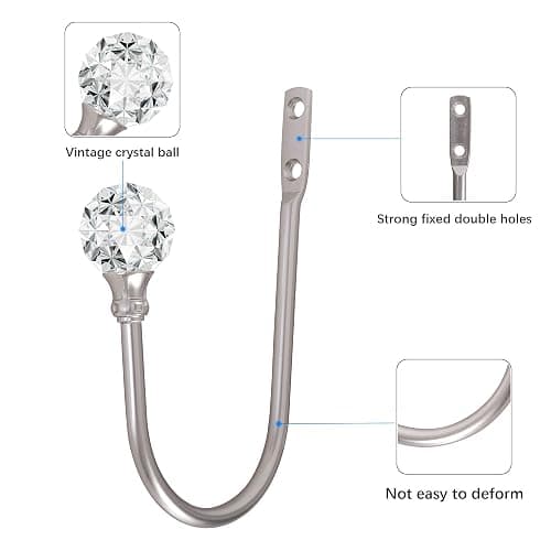 Curtain Holdback, 2pcs Wall Mounted Drapery Tiebacks with Clear Crystal Ball, Heavy Duty Metal Decorative Window Drapery Curtain Holder Curtain Hooks with Screws, Sliver thumbnail 7