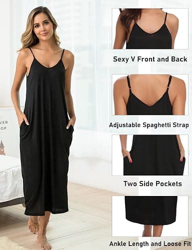 Marvmys Womens Cotton Long Nightgowns Spaghetti Strap V Neck Full Slip Sleep Shirts with Pockets thumbnail 4