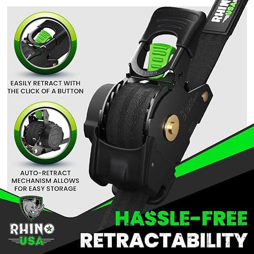 Rhino USA Retractable Ratchet Straps (4-Pack) - 1 Inch x 10 Feet (1,209lb Break Strength) - Auto Self Retracting Tie Down Straps for Truck, Cargo Trailer, Motorcycle, ATV, UTV - Black thumbnail 3