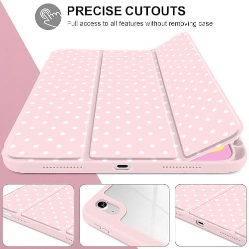 Yebiseven Case for iPad A16 11th Generation 11 inch 2025, iPad 10th Generation 10.9 inch 2022 -[Built-in Pencil Holder], Shockproof Clear Hard Back, Trifold Stand, Auto Wake/Sleep, Pink White dot thumbnail 4