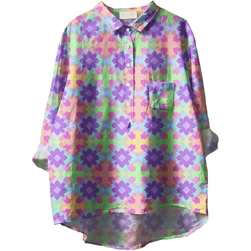 YABTF Womens 3/4 Sleeve T Shirts Geometric Whimsical Print Shirt Dressy Casual Half Button Collar Tunics Fall Top with Pocket - Image 1