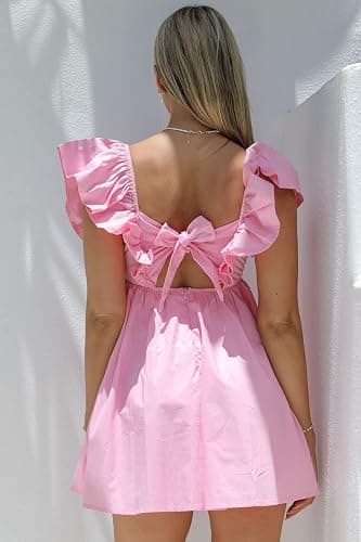 Zebaexf Womens Spring Summer V Neck Knot Back Causal Strap Short Flowy Swing Mini Dress thumbnail 5