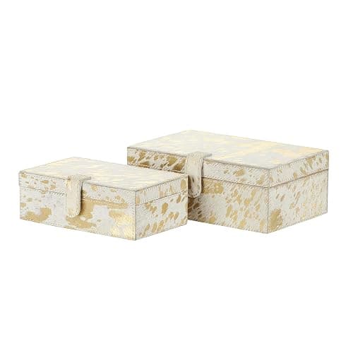 Deco 79 Leather Handmade Decorative Box Decorative Keepsake Boxes with Gold Foil Paint, Set of 2 Storage Boxes 8", 10"W, Gold thumbnail 9