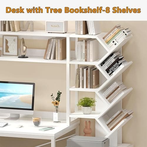 YOMILUVE Reversible Computer Desk with Hutch, Home Office Desk with Drawers and Bookshelf, 52'' Study Writing Desk with Storage Shelves for Bedroom Home Office, White thumbnail 5