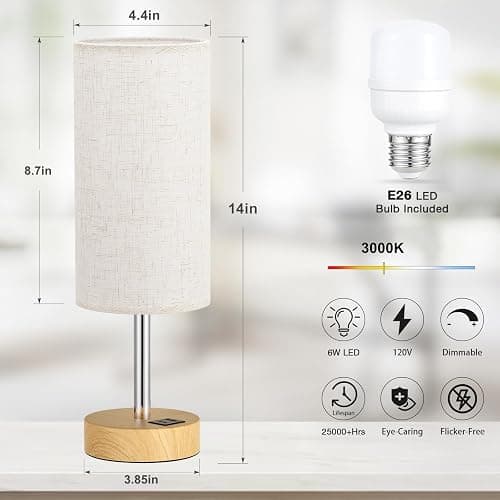 Dicoool Bedside Table Lamp for Bedroom - 3-Way Dimmable Touch Lamp, USB A+C | LED Bulb Included, 14" Small Nightstand Lamp for Desk, Living Room, Guest Room, Cream Fabric Lampshade, Wood-Grain Metal Base thumbnail 5