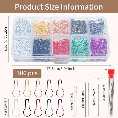 300 Pcs Crochet Markers with Needles,Metal Stitch Markers for Knitting | Calabash Pins with 18 Pcs Blunt Needles for Crocheting,Crochet Accessories and Supplies, Fabric,Clothing Tag,DIY Craft thumbnail 2