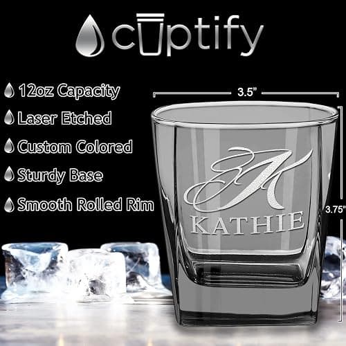 12 oz Personalized Double Old Fashioned Glass Set of 2 - Initial Block Surname Design - Black Custom Etched Cube Whiskey Glass - Perfect for Bourbon, Scotch, and Cocktails - Ideal Gift for Men thumbnail 3